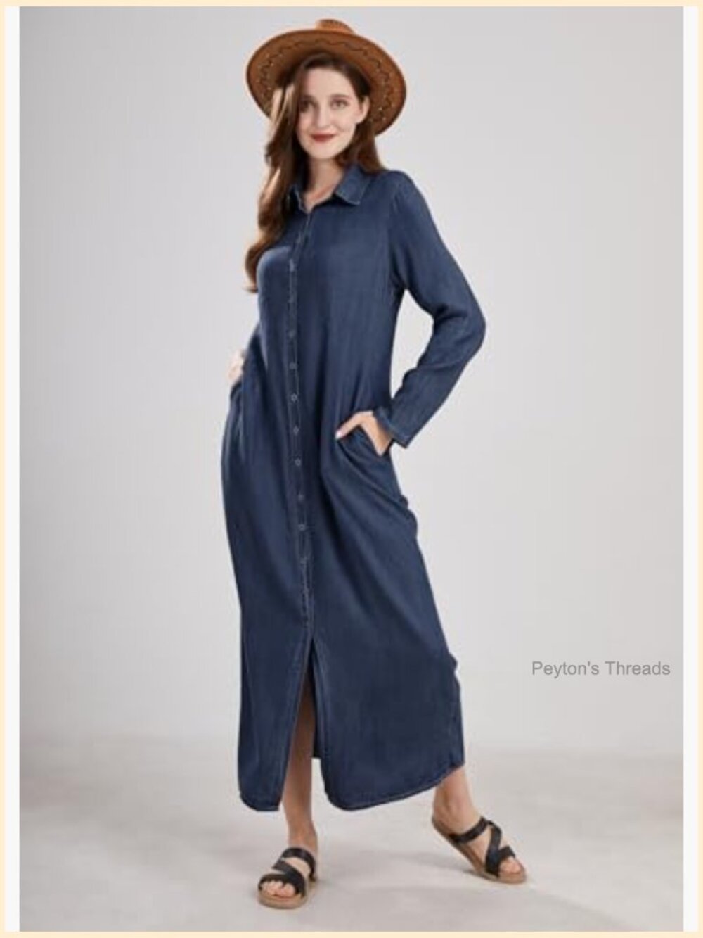 Womens Casual Button Down Denim Maxi Dress Long Sleeve with Pockets - Picture 6 of 7